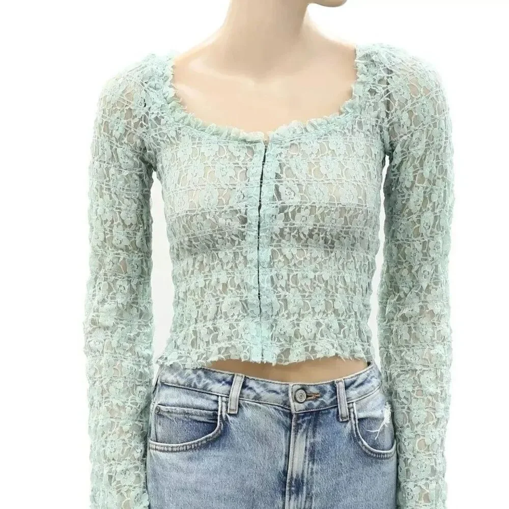 Free People FP One Madison Blouse Top Sheer Long Sleeve Fitted Smocked S 271602